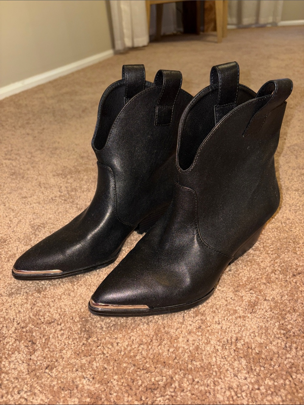 Target Black Pointed Western Ankle Booties with Metallic Toe Accent